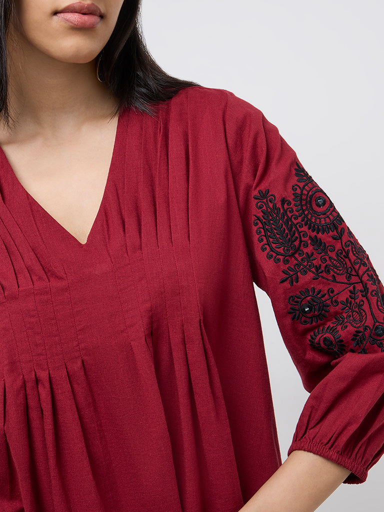 Utsa Red Embroidered A-Line Cotton Kurti - Image 2
