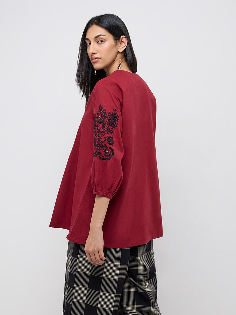 Utsa Red Embroidered A-Line Cotton Kurti - Image 4