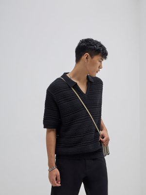 ETA Black Knit-Textured Relaxed-Fit Cotton-Blend Polo T-Shirt