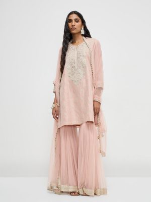Vark Light Pink Embroidered Cotton-Blend A-Line Kurti. Sharara and Dupatta Set