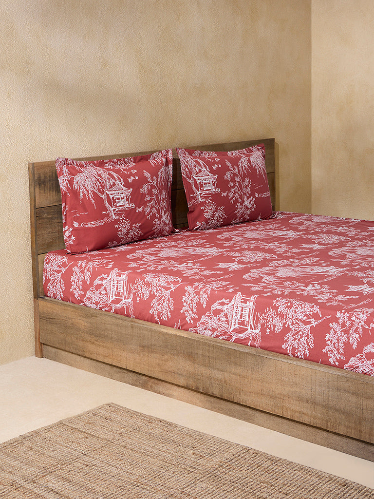 Westside Home Rust Printed King Bed Fitted Sheet and Pillowcase Set - Image 2