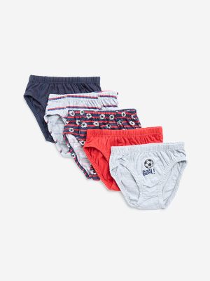 HOP Kids Red Football Printed Cotton-Blend Briefs - Pack of 5