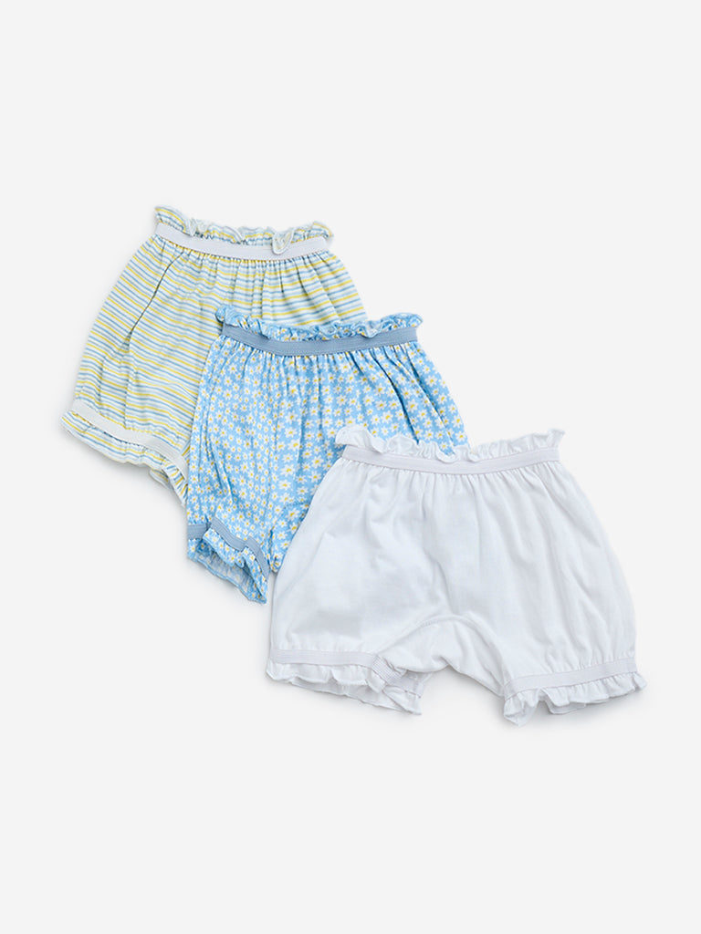 HOP Kids Light Blue Floral Printed Cotton Bloomers - Pack of 3 - Image 2
