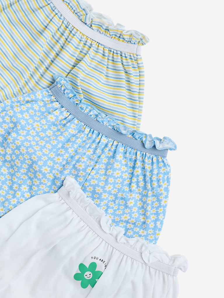 HOP Kids Light Blue Floral Printed Cotton Bloomers - Pack of 3 - Image 3