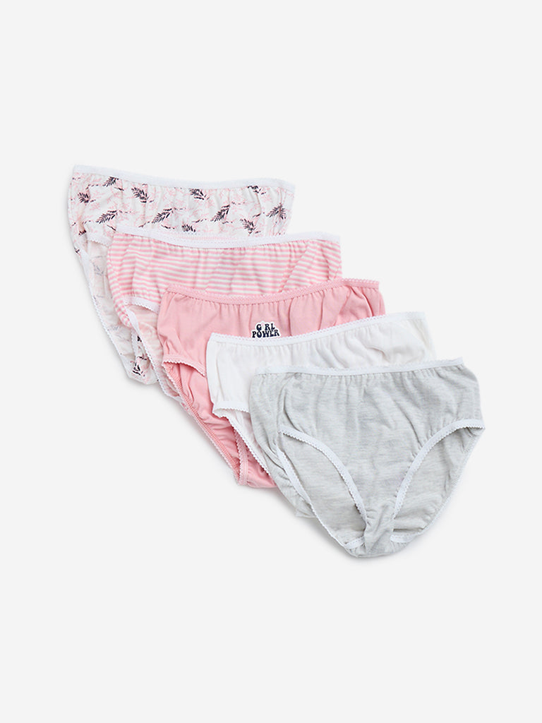 Y&F Kids Pink Printed Cotton Briefs - Pack of 5