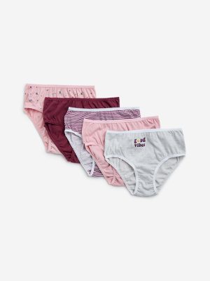 Y&F Kids Purple Floral Printed Cotton Briefs - Pack of 5