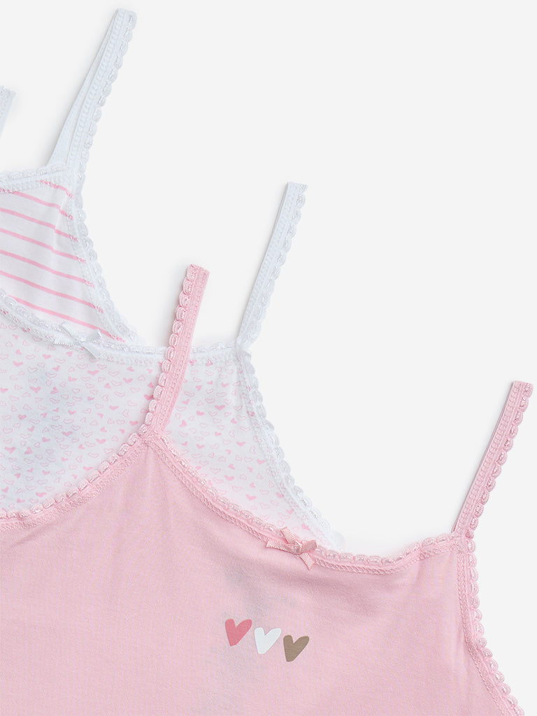 Y&F Kids Pink Heart Printed Cotton Camisoles - Pack of 3 - Image 3