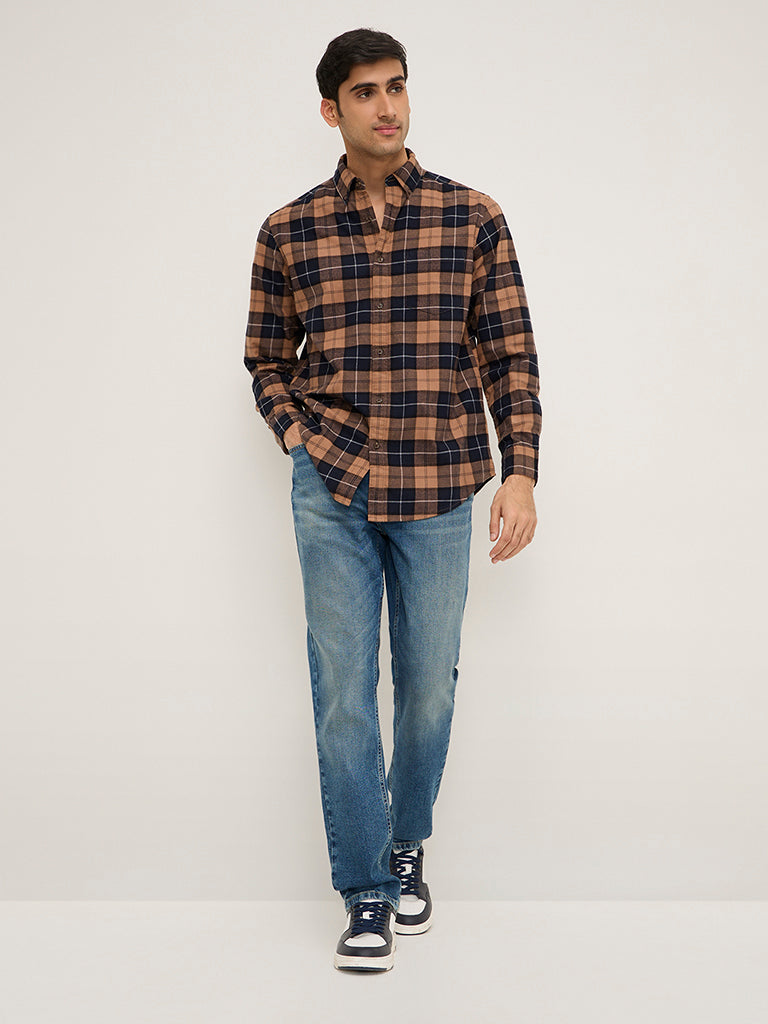WES Casuals Brown Checkered Relaxed-Fit Cotton Shirt - Image 3
