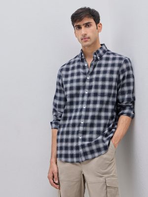 WES Casuals Navy Checkered Relaxed-Fit Cotton-Blend Shirt