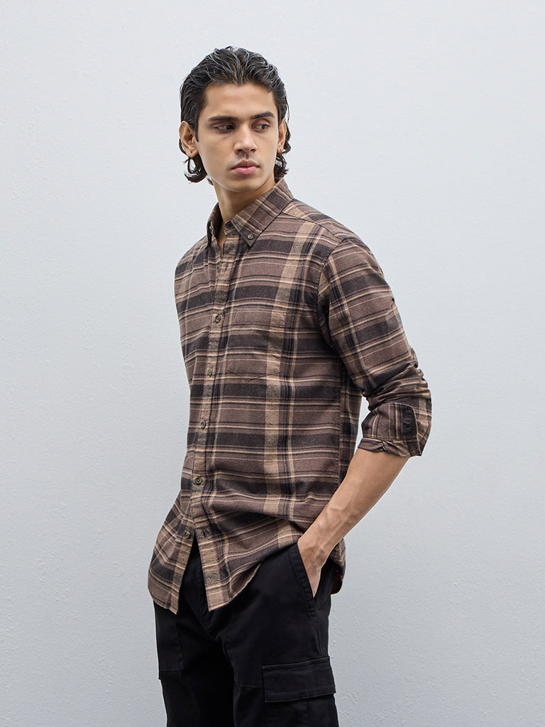 WES Casuals Brown Checkered Relaxed-Fit Cotton-Blend Shirt