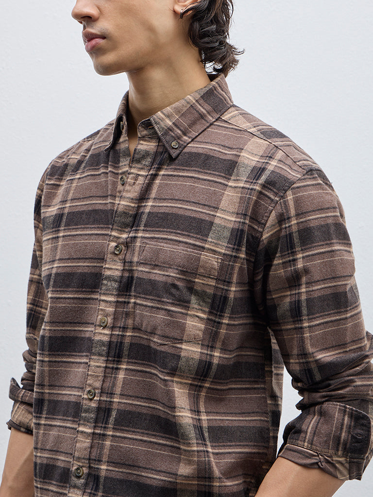 WES Casuals Brown Checkered Relaxed-Fit Cotton-Blend Shirt - Image 2
