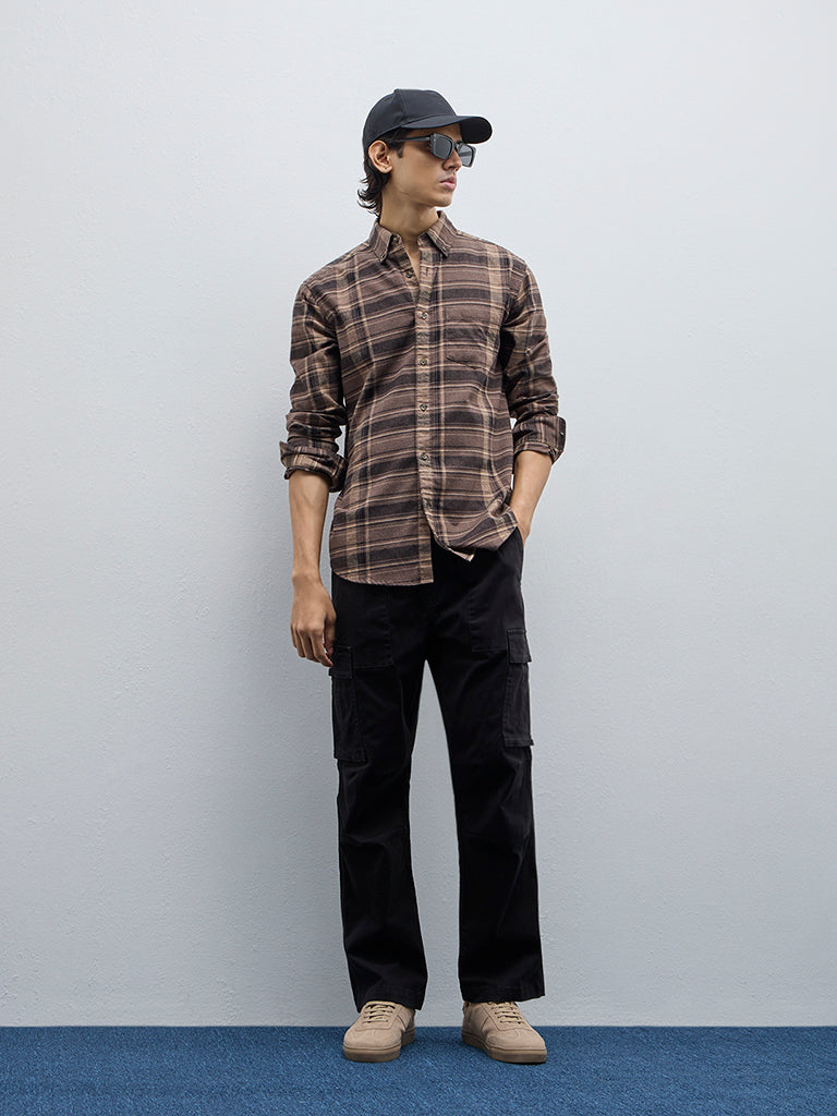 WES Casuals Brown Checkered Relaxed-Fit Cotton-Blend Shirt - Image 3