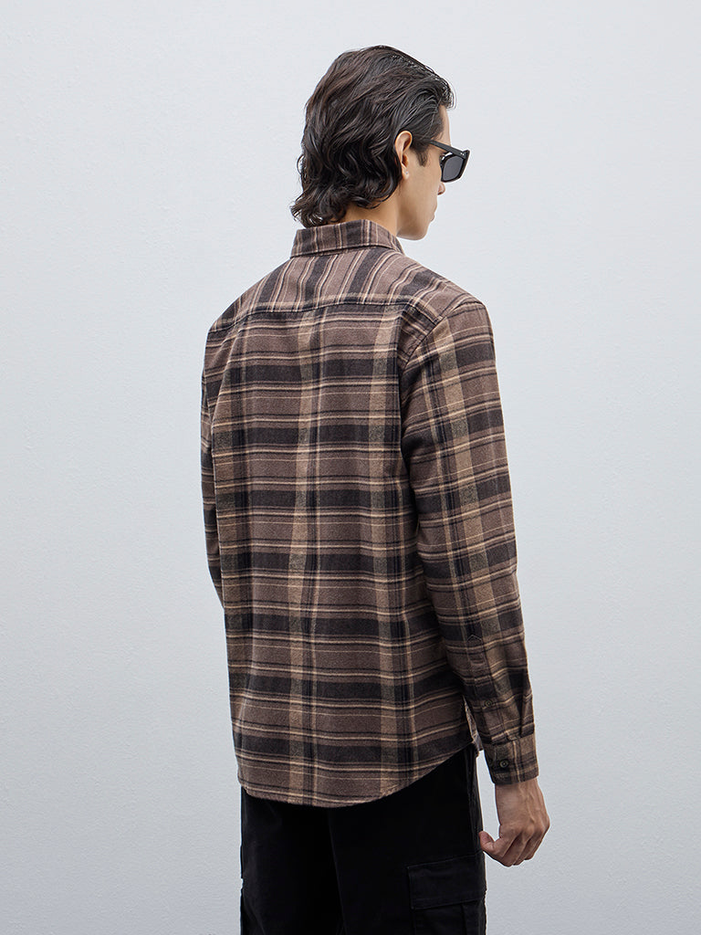 WES Casuals Brown Checkered Relaxed-Fit Cotton-Blend Shirt - Image 4