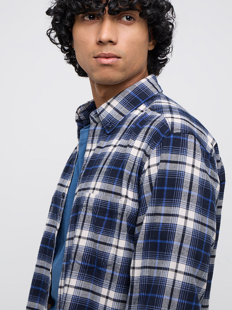 WES Casuals Navy Checkered Relaxed-Fit Cotton Shirt - Image 2