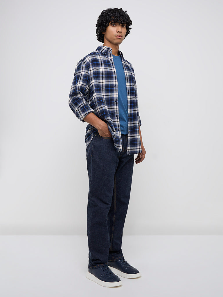WES Casuals Navy Checkered Relaxed-Fit Cotton Shirt - Image 3