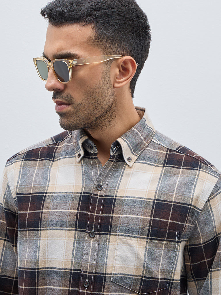 WES Casuals Brown Checkered Relaxed-Fit Cotton Shirt - Image 2