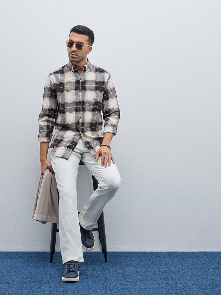 WES Casuals Brown Checkered Relaxed-Fit Cotton Shirt - Image 3