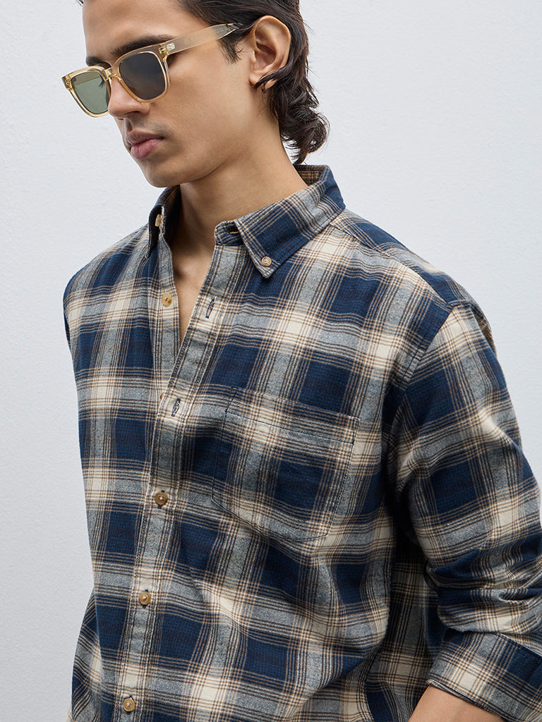 WES Casuals Navy Checkered Relaxed-Fit Cotton Shirt - Image 3