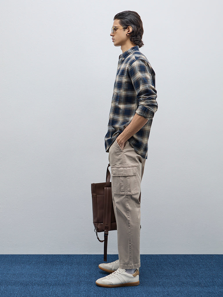 WES Casuals Navy Checkered Relaxed-Fit Cotton Shirt - Image 4