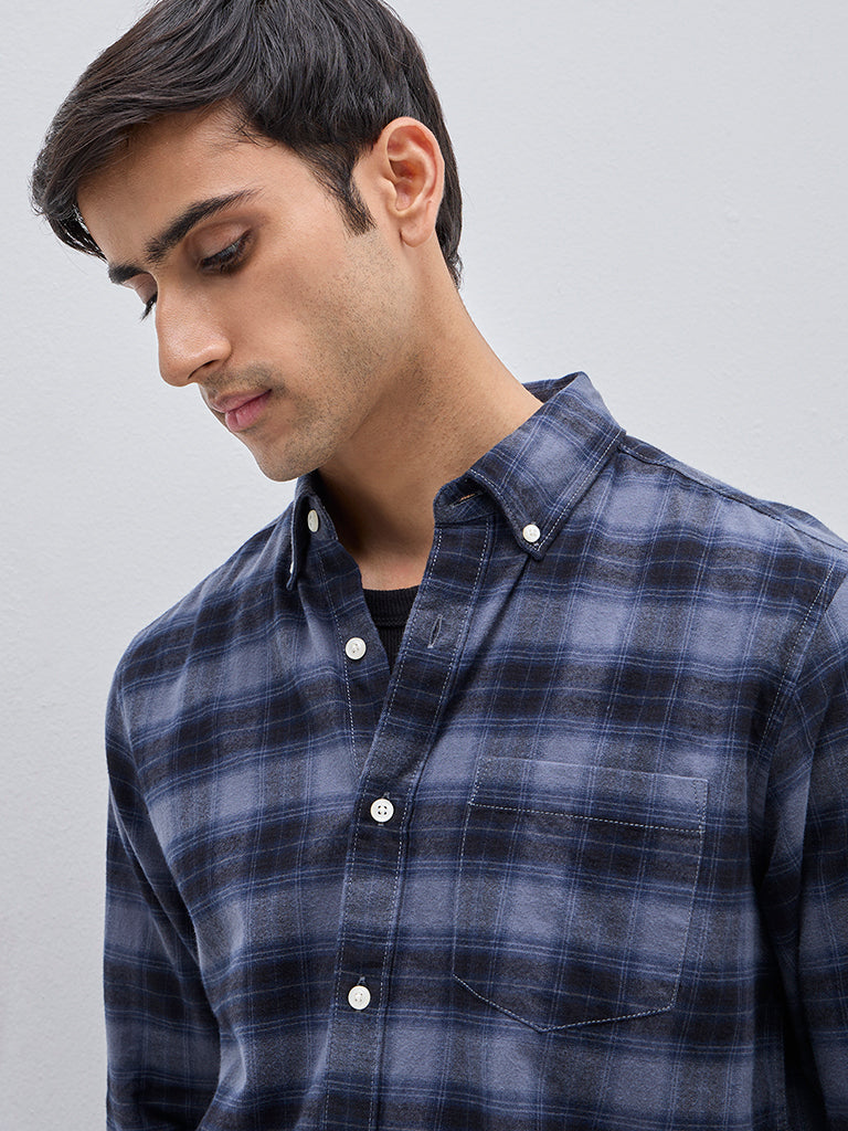 WES Casuals Dark Blue Checkered Relaxed-Fit Cotton Shirt - Image 2