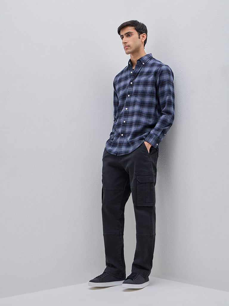 WES Casuals Dark Blue Checkered Relaxed-Fit Cotton Shirt - Image 3