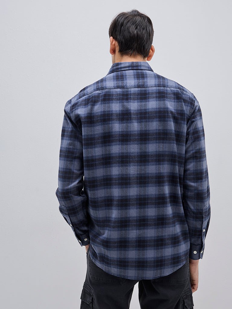 WES Casuals Dark Blue Checkered Relaxed-Fit Cotton Shirt - Image 4