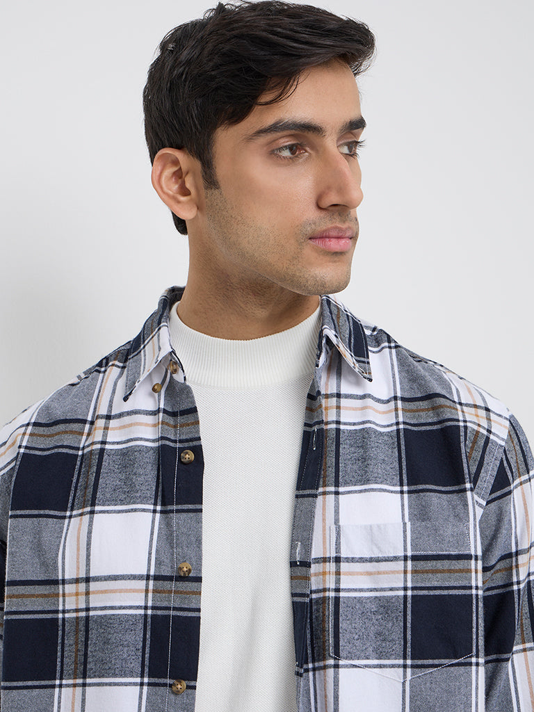 WES Casuals Navy Checks Printed Relaxed-Fit Cotton Shirt - Image 2