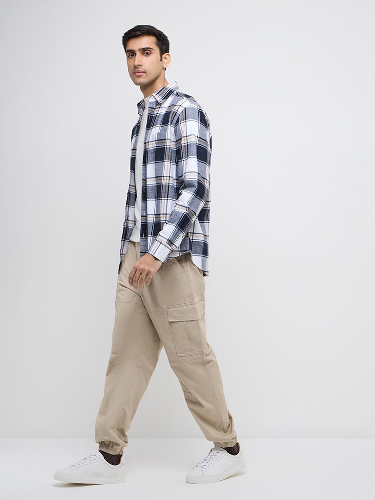 WES Casuals Navy Checks Printed Relaxed-Fit Cotton Shirt - Image 3