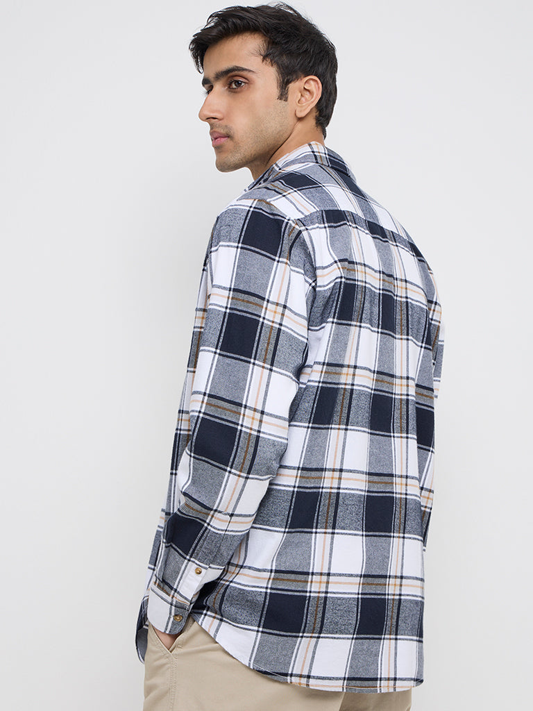 WES Casuals Navy Checks Printed Relaxed-Fit Cotton Shirt - Image 4