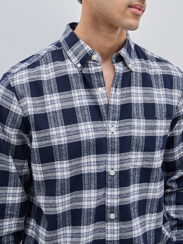 WES Casuals Navy Checkered Relaxed-Fit Cotton Shirt - Image 2