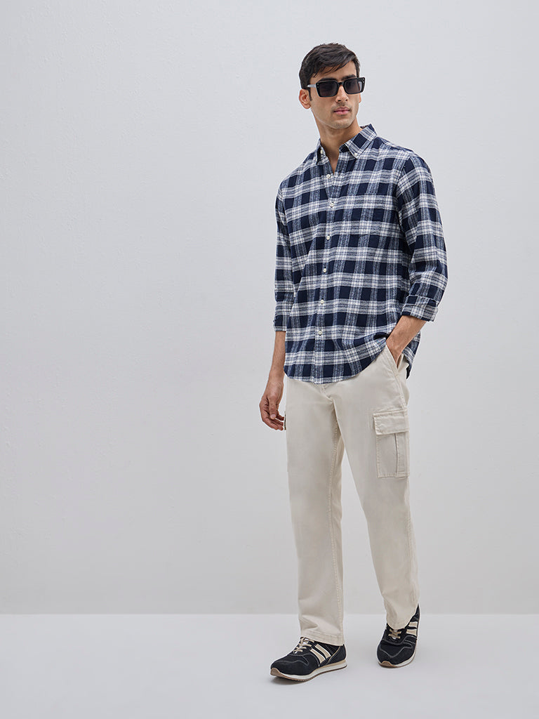WES Casuals Navy Checkered Relaxed-Fit Cotton Shirt - Image 3