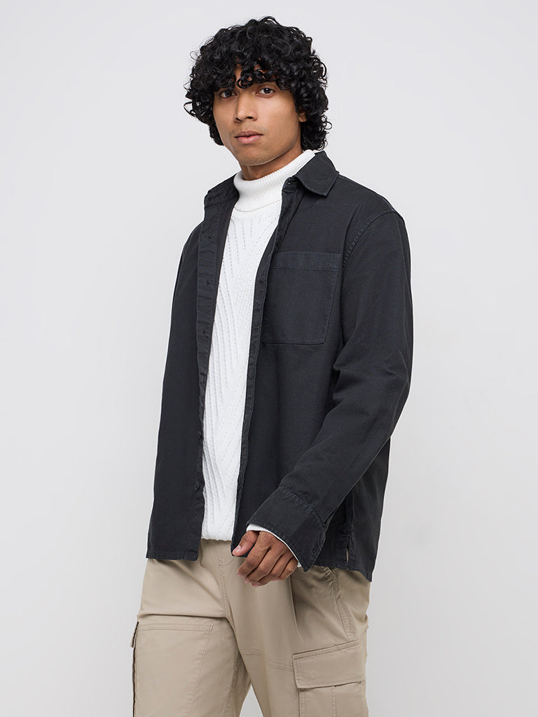WES Casuals Charcoal Relaxed-Fit Cotton Shirt