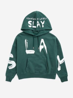 Y&F Kids Dark Green Text Design Cotton-Blend Sweatshirt