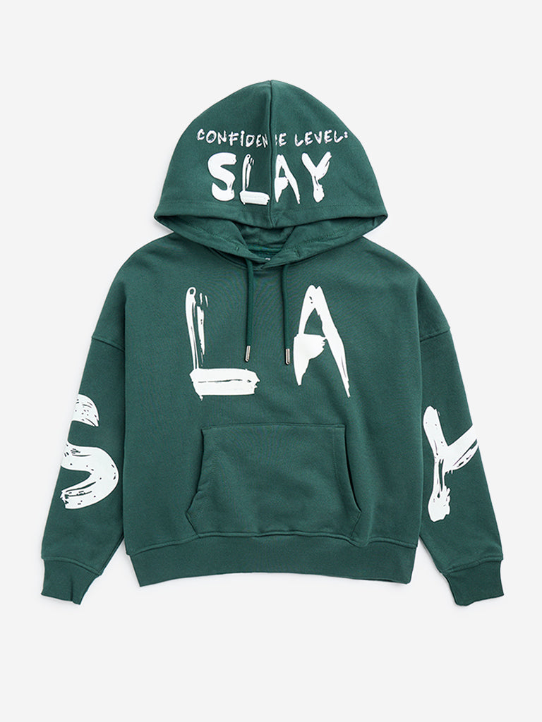 Y&F Kids Dark Green Text Design Cotton-Blend Sweatshirt