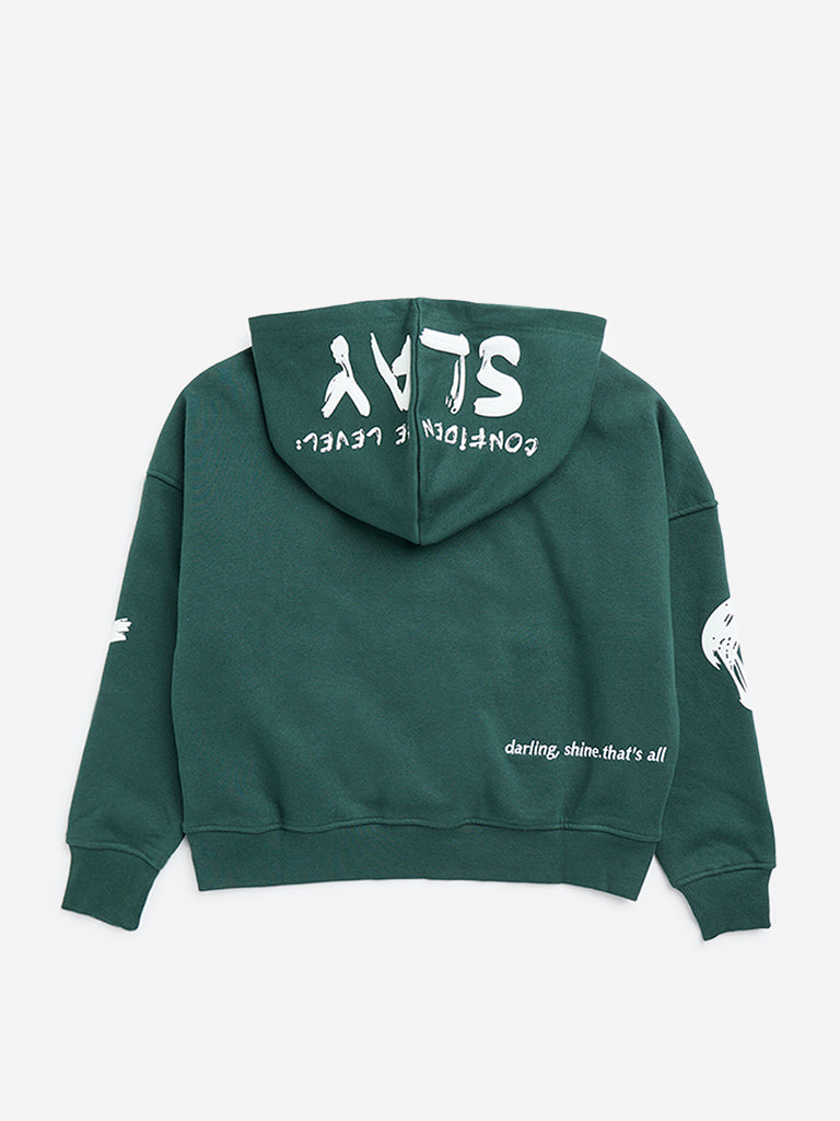 Y&F Kids Dark Green Text Design Cotton-Blend Sweatshirt - Image 3