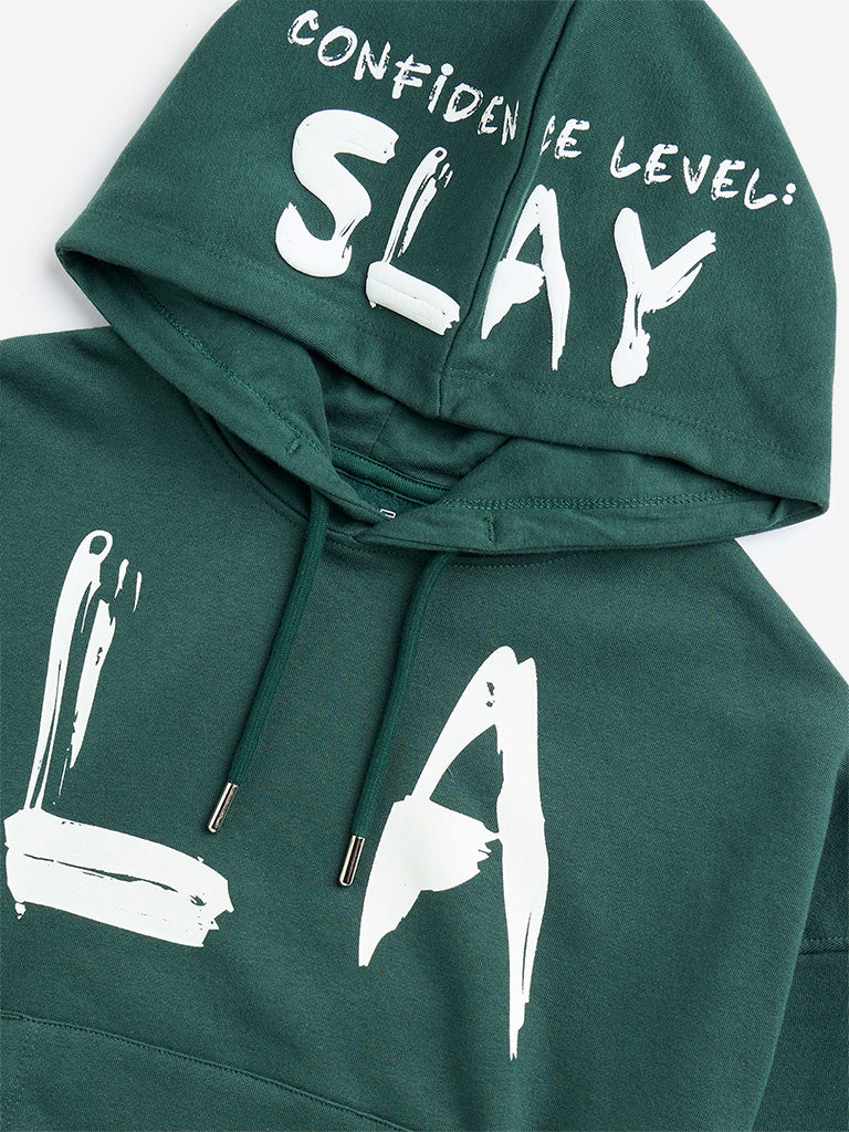 Y&F Kids Dark Green Text Design Cotton-Blend Sweatshirt - Image 4