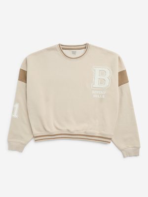Y&F Kids Beige Text Printed Cotton-Blend Sweatshirt