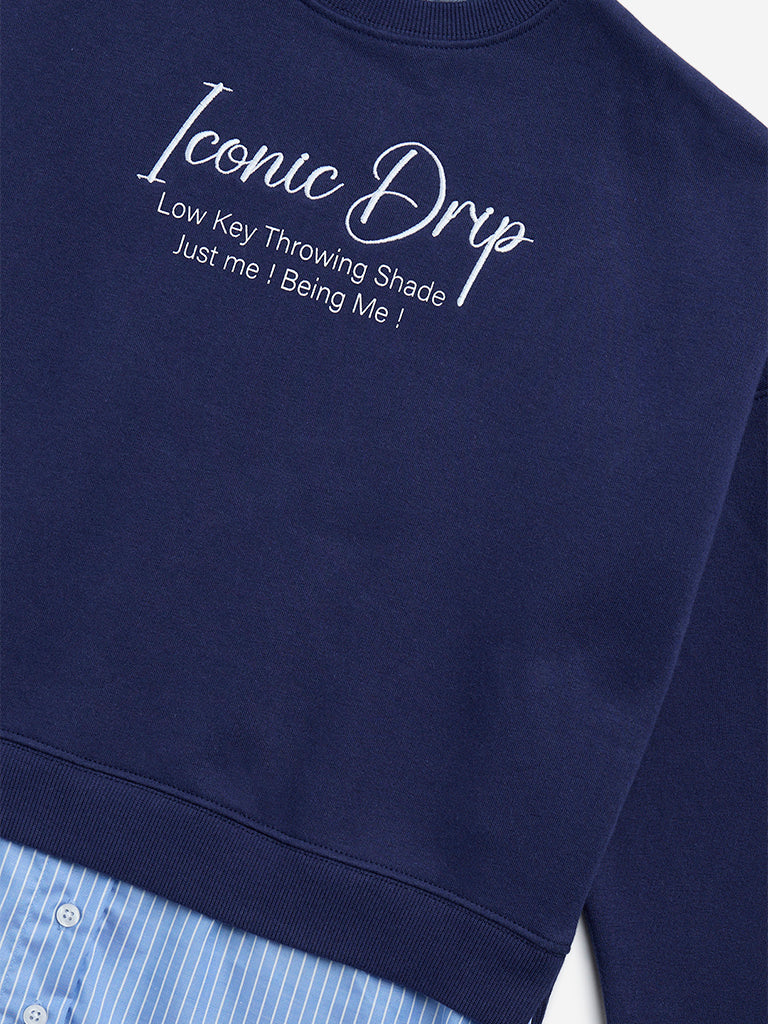 Y&F Kids Navy Text Embroidered Cotton-Blend Sweatshirt - Image 3