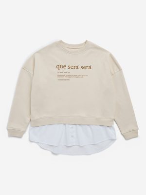 Y&F Kids Beige Text Design Cotton-Blend Sweatshirt