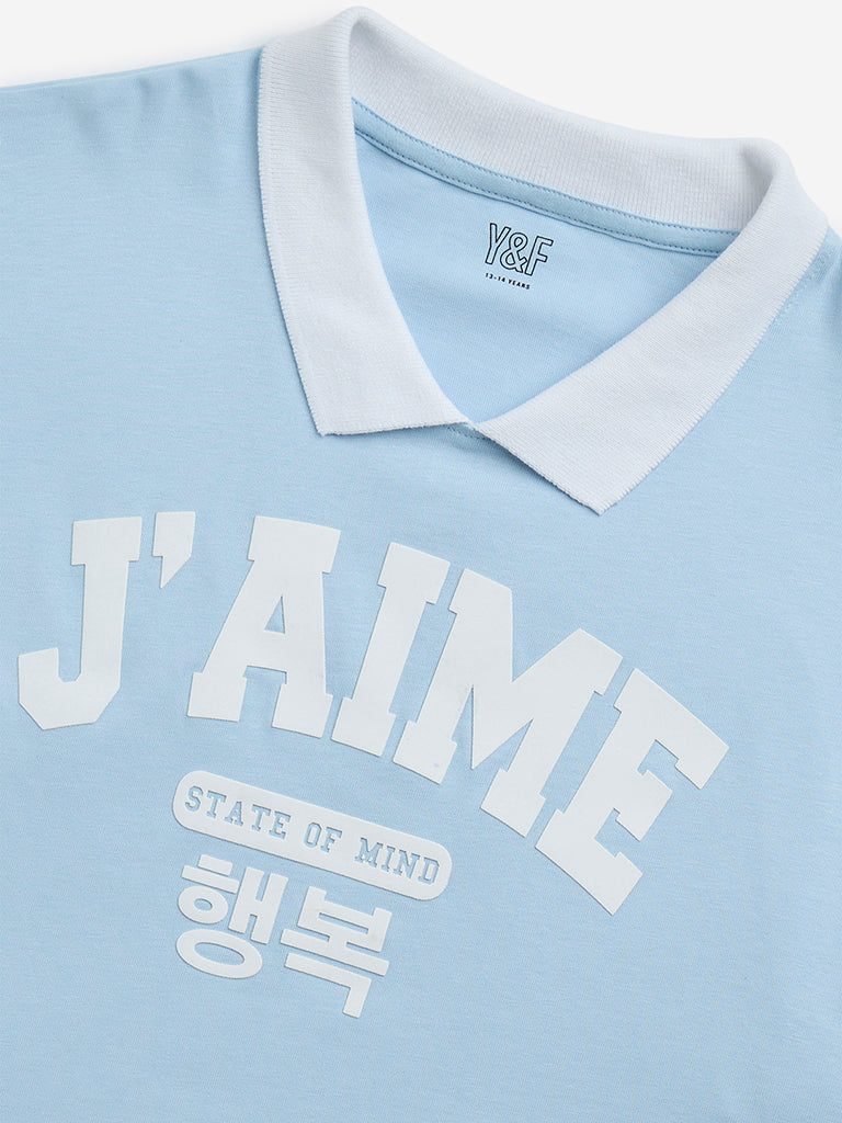 Y&F Kids Blue Text Design Cotton Cropped T-Shirt - Image 4