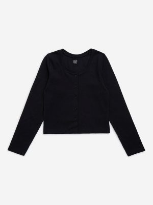 Y&F Kids Black Ribbed Textured Cotton-Blend T-Shirt