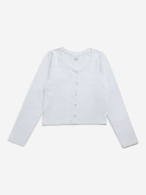 Y&F Kids White Ribbed Textured Cotton-Blend T-Shirt