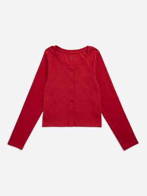 Y&F Kids Red Ribbed Textured Cotton-Blend T-Shirt