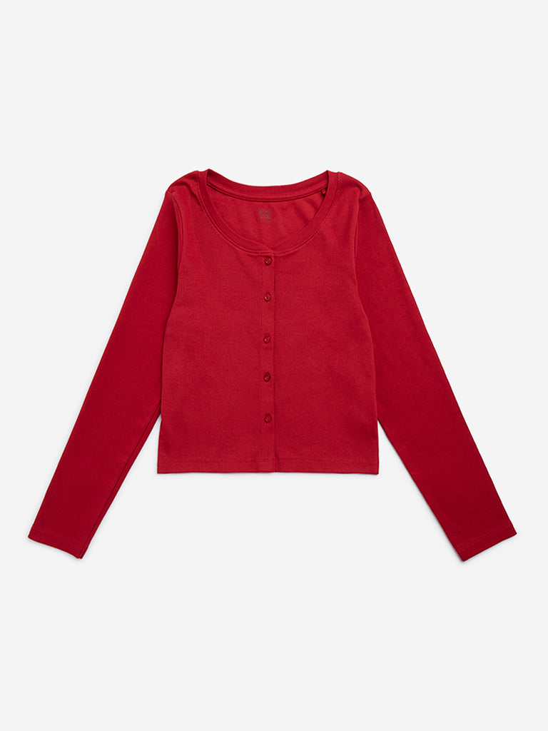 Y&F Kids Red Ribbed Textured Cotton-Blend T-Shirt