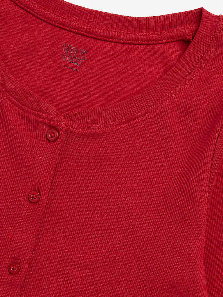 Y&F Kids Red Ribbed Textured Cotton-Blend T-Shirt - Image 3