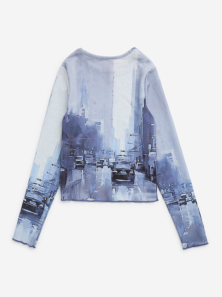 Y&F Kids Blue Cityscape-Print Top - Image 3