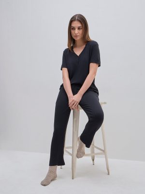 Wunderlove Black Ribbed High-Rise Lounge Pants