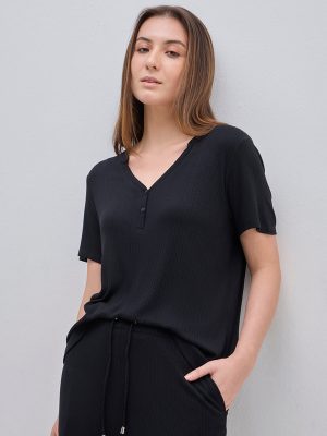 Wunderlove Black Ribbed-Textured Cotton-Blend Top