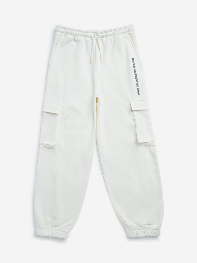 Y&F Kids Off-White Cargo-Style Mid-Rise Cotton-Blend Joggers