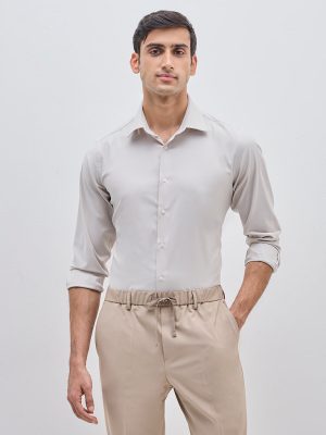 WES Formals Beige Solid Slim-Fit Shirt